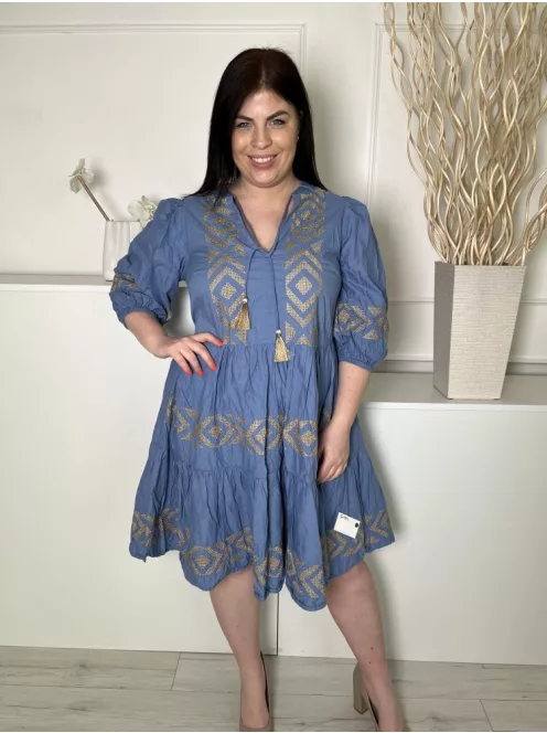 F&F (M) Kék Arany Mintás, Elől Nyakban Megköthető 100% Pamut, Gumis Ujjvégű Ruha