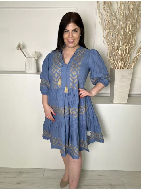 F&F (M) Kék Arany Mintás, Elől Nyakban Megköthető 100% Pamut, Gumis Ujjvégű Ruha