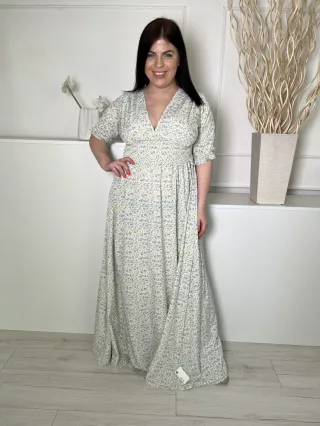   Boohoo (M) Fehér Kék-Sárga Apró Virágos, Derékban Darázsolt Fodros Ujjvégű, Oldalt Cipzáros Ruha