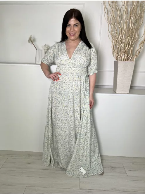 Boohoo (M) Fehér Kék-Sárga Apró Virágos, Derékban Darázsolt Fodros Ujjvégű, Oldalt Cipzáros Ruha