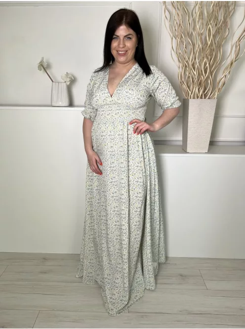 Boohoo (M) Fehér Kék-Sárga Apró Virágos, Derékban Darázsolt Fodros Ujjvégű, Oldalt Cipzáros Ruha