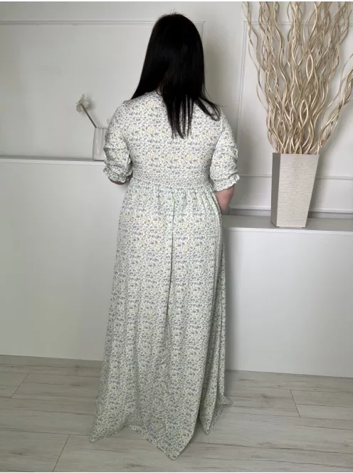 Boohoo (M) Fehér Kék-Sárga Apró Virágos, Derékban Darázsolt Fodros Ujjvégű, Oldalt Cipzáros Ruha