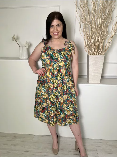 TU (L) Zöld Sárga Mintás, Megköthető Pántú Elől Végig Gombos, Bélelt Ruha