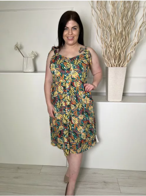 TU (L) Zöld Sárga Mintás, Megköthető Pántú Elől Végig Gombos, Bélelt Ruha