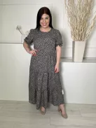 Shein (L) Fekete Drapp Foltmintás, Hátul Nyakban Gombos Fodros Ujjvégű és Aljú Ruha