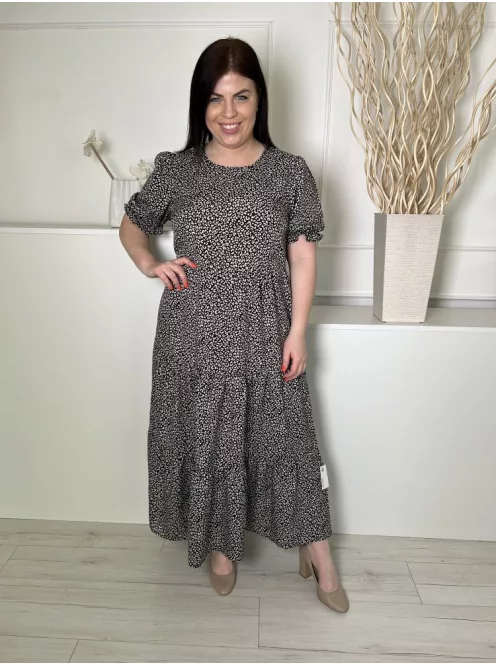 Shein (L) Fekete Drapp Foltmintás, Hátul Nyakban Gombos Fodros Ujjvégű és Aljú Ruha