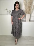 Shein (L) Fekete Drapp Foltmintás, Hátul Nyakban Gombos Fodros Ujjvégű és Aljú Ruha