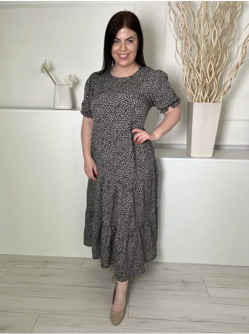 Shein (L) Fekete Drapp Foltmintás, Hátul Nyakban Gombos Fodros Ujjvégű és Aljú Ruha