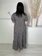 Shein (L) Fekete Drapp Foltmintás, Hátul Nyakban Gombos Fodros Ujjvégű és Aljú Ruha