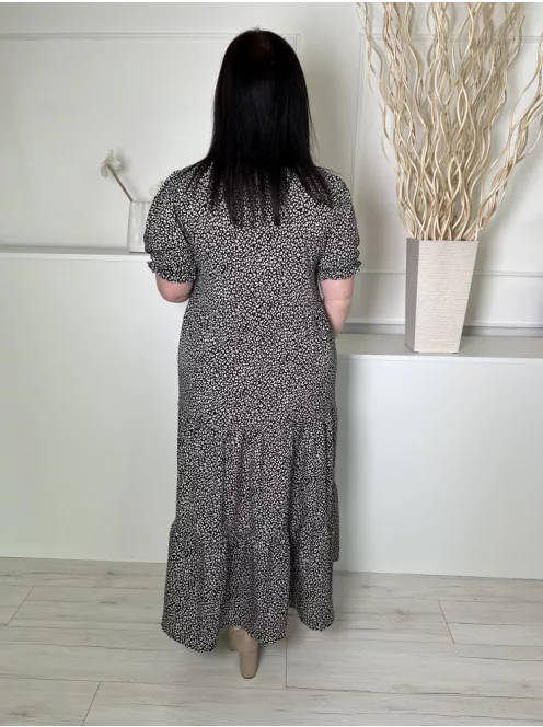 Shein (L) Fekete Drapp Foltmintás, Hátul Nyakban Gombos Fodros Ujjvégű és Aljú Ruha