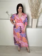 Studio (L) Rózsaszín Színes Mintás, Elől Végig Gombos Darázsolt Ujjvégű Ruha