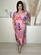 Studio (L) Rózsaszín Színes Mintás, Elől Végig Gombos Darázsolt Ujjvégű Ruha