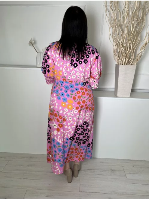 Studio (L) Rózsaszín Színes Mintás, Elől Végig Gombos Darázsolt Ujjvégű Ruha