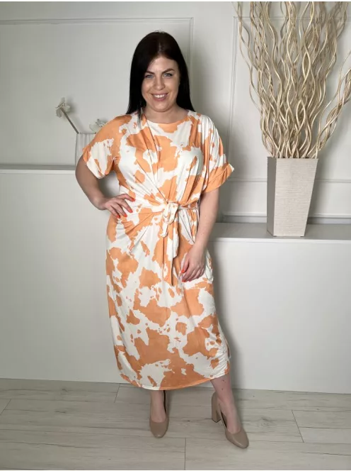 ÚJ New Collection (XL) Fehér Narancs Foltmintás, Derékban Megköthető Kerek Nyakú, Rugalmas Anyagú Ruha