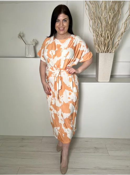 ÚJ New Collection (XL) Fehér Narancs Foltmintás, Derékban Megköthető Kerek Nyakú, Rugalmas Anyagú Ruha