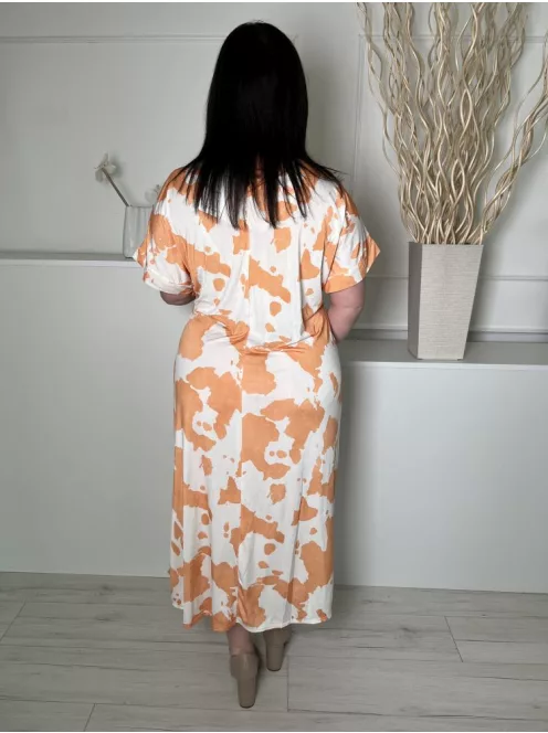 ÚJ New Collection (XL) Fehér Narancs Foltmintás, Derékban Megköthető Kerek Nyakú, Rugalmas Anyagú Ruha