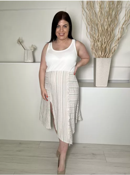 ZARA (L) Fehér Szoknyarészén Színes Csíkos Aszimmetrikus Aljú, Oldalt Sliccelt Ruha