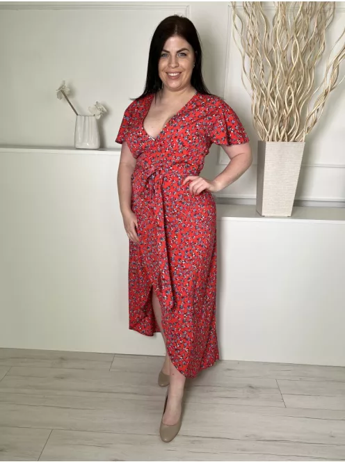 Dancing Leopard (M) Piros Kék Virágos, Átlapolt Megkötős Ruha