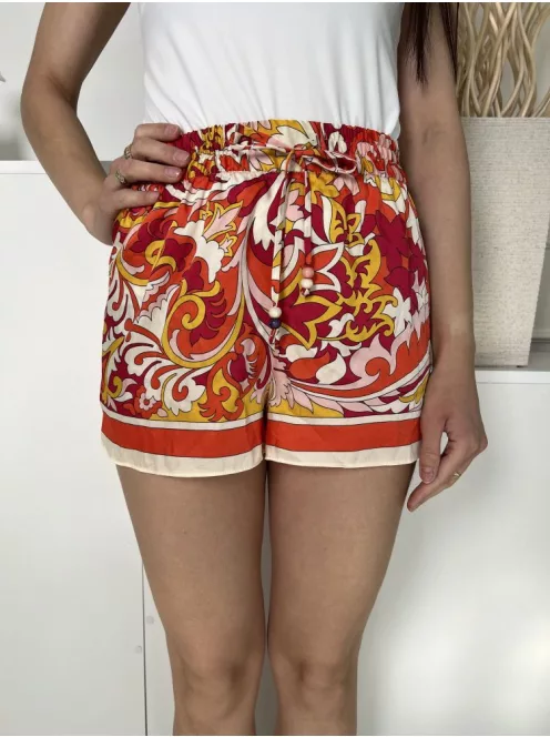 ZARA (XS) Piros-Sárga-Fehér Elől Díszmegkötős, Gumisderekú Enyhén Fényes Anyagú Rövidnadrág