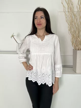   Fat Face (M) Fehér Mellnél Díszhajtásos, Lyukacsos Mintás 100% Pamut, Gumis Ujjvégű Felső