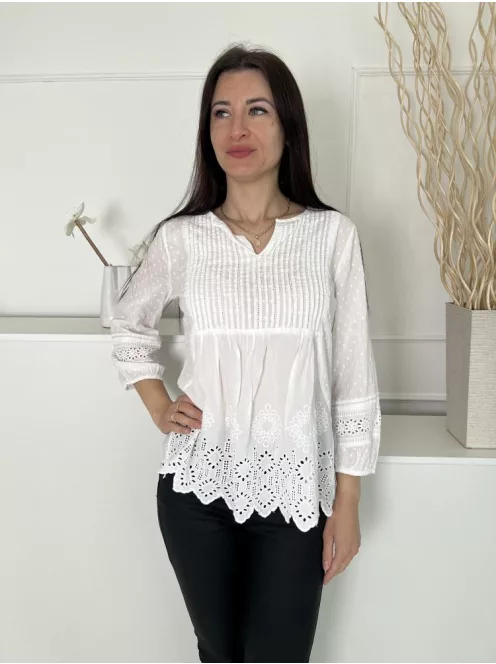 Fat Face (M) Fehér Mellnél Díszhajtásos, Lyukacsos Mintás 100% Pamut, Gumis Ujjvégű Felső