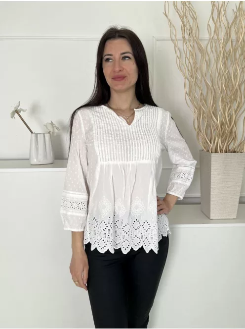 Fat Face (M) Fehér Mellnél Díszhajtásos, Lyukacsos Mintás 100% Pamut, Gumis Ujjvégű Felső