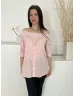   River Island (M) Fehér Lazac Csíkos, Elől Díszgombos Ejtett Darázsolt Vállú, 100% Pamut Felső