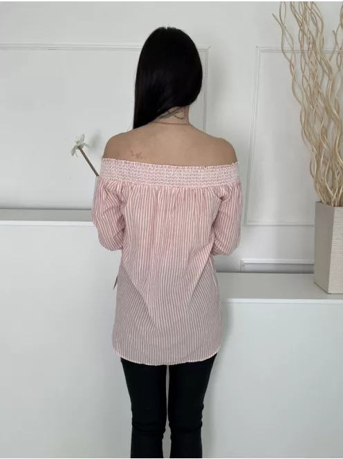 River Island (M) Fehér Lazac Csíkos, Elől Díszgombos Ejtett Darázsolt Vállú, 100% Pamut Felső
