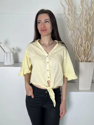   River Island (M) Sárga Elől Gombos, Alul Megkötős, 100% Pamut Fodros Ujjvégű, Fehér Mikrocsíkos Felső