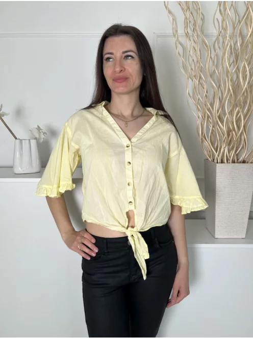 River Island (M) Sárga Elől Gombos, Alul Megkötős, 100% Pamut Fodros Ujjvégű, Fehér Mikrocsíkos Felső