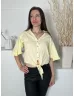   River Island (M) Sárga Elől Gombos, Alul Megkötős, 100% Pamut Fodros Ujjvégű, Fehér Mikrocsíkos Felső