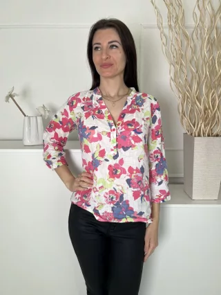   M&S (M) Fehér Rózsaszín-Kék Mintás, Mellnél Gombos 100% Len Alapanyagú Felső