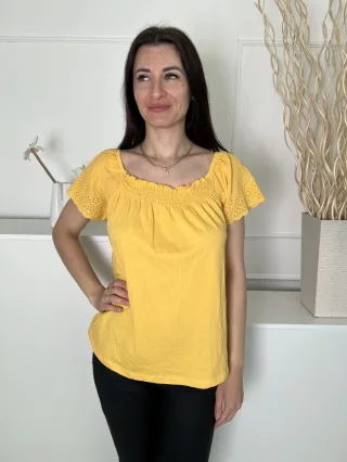   ÚJ Primark (M) Sárga Felül Darázsolt, Ujján Horgoltmintás 100% Pamut Alapanyagú Felső