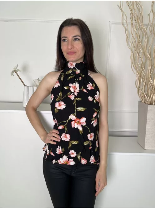 ÚJ Dorothy Perkins (M) Fekete Virág Mintás, Nyakban Megkötős Kerekített Aljú Felső