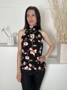 ÚJ Dorothy Perkins (M) Fekete Virág Mintás, Nyakban Megkötős Kerekített Aljú Felső
