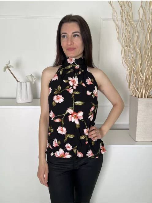 ÚJ Dorothy Perkins (M) Fekete Virág Mintás, Nyakban Megkötős Kerekített Aljú Felső