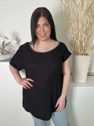   Shein (XL) Fekete Nyakánál Díszköves, Anyagában Mintás Lenge Fazonú Felső