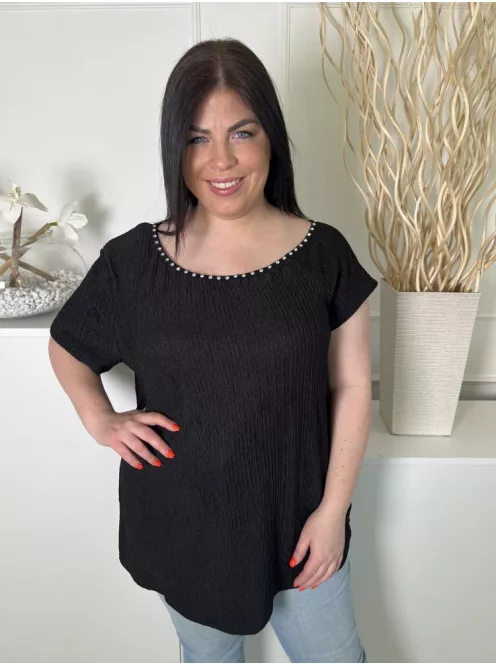 Shein (XL) Fekete Nyakánál Díszköves, Anyagában Mintás Lenge Fazonú Felső