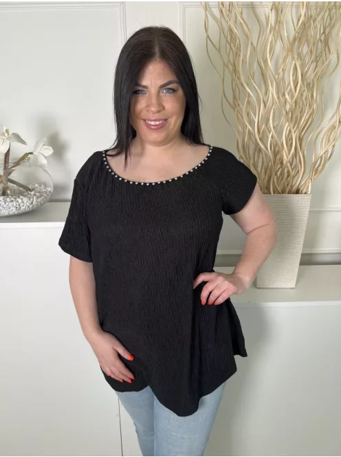 Shein (XL) Fekete Nyakánál Díszköves, Anyagában Mintás Lenge Fazonú Felső