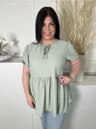 Boohoo (XL) Permetzöld Anyagában Mintás, Nyakban Megkötős Buggyos Vállú, Fodros Aljú Felső