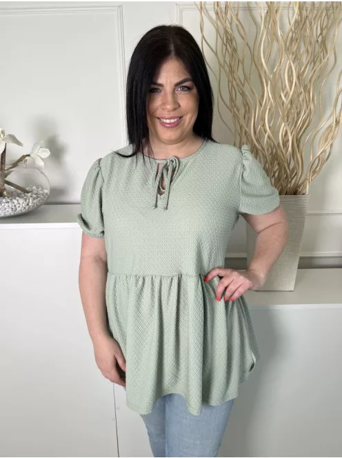 Boohoo (XL) Permetzöld Anyagában Mintás, Nyakban Megkötős Buggyos Vállú, Fodros Aljú Felső