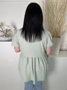 Boohoo (XL) Permetzöld Anyagában Mintás, Nyakban Megkötős Buggyos Vállú, Fodros Aljú Felső