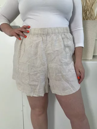   H&M (XL) Drapp Gumisderekú, Zsebes 100% Len Alapanyagú Rövidnadrág