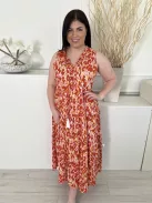 Shein (L) Fehér-Narancs-Rózsaszín Mintás, Nyakban Megköthető Fodros Nyakú és Aljú Ruha