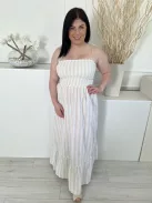Boohoo (L) Fehér Világosbarna Csíkos, Felül Darázsolt Megköthető Pántús, Fodros Aljú, 100% Pamut Ruha