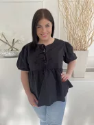 Boohoo (XL) Fekete Mellnél Megkötős, Derékban Szabott Oldalt Cipzáros, Gumis Ujjvégű, 100% Pamut Felső