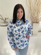 Monsoon (XL) Fehér Kék Mintás, Mellnél Gombos 100% Len Alapanyagú, Galléros Felső