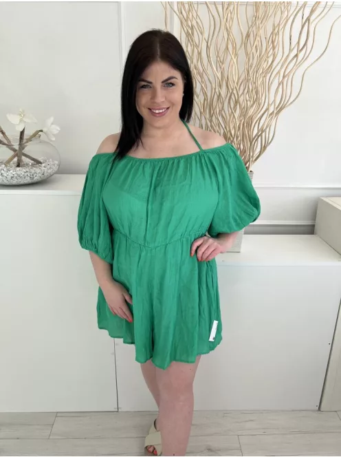 Shein (XXL) Fűzöld Ejtett Gumis Vállú, Nyakban Megkötős Derékban Szabott, Buggyos Ujjú Overál