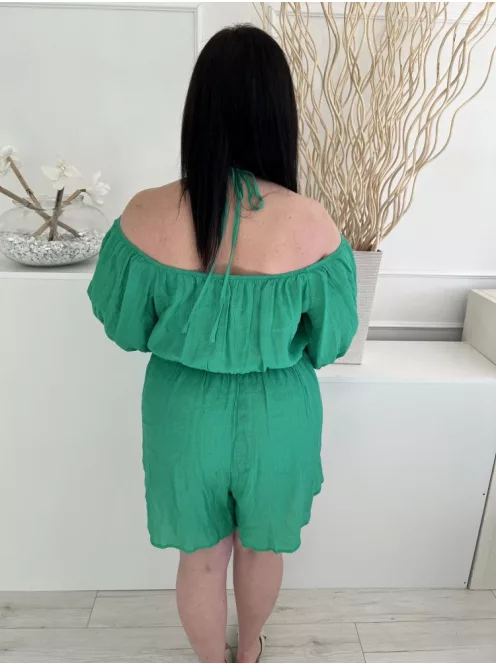 Shein (XXL) Fűzöld Ejtett Gumis Vállú, Nyakban Megkötős Derékban Szabott, Buggyos Ujjú Overál
