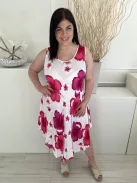  (XL) Fehér Rózsaszín Virágos, 100% Pamut Enyhén Áttetsző, Lenge Fazonú Ruha